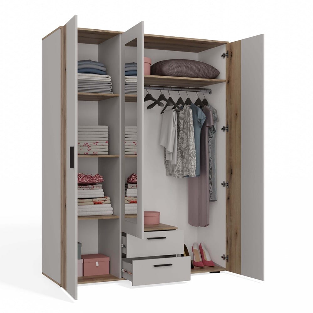 SZAFA AVA 150 CM LUSTRO 2 SZUFLADY RYFLOWANY FRONT DĄB EVOKE KASZMIR BEŻ