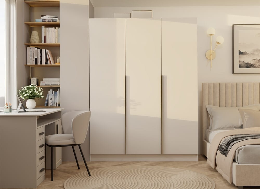 SZAFA SENSO 3D 150 CM 3 DRZWI ZŁOTE UCHWYTY DO SALONU SYPIALNI KASZMIR BEŻ