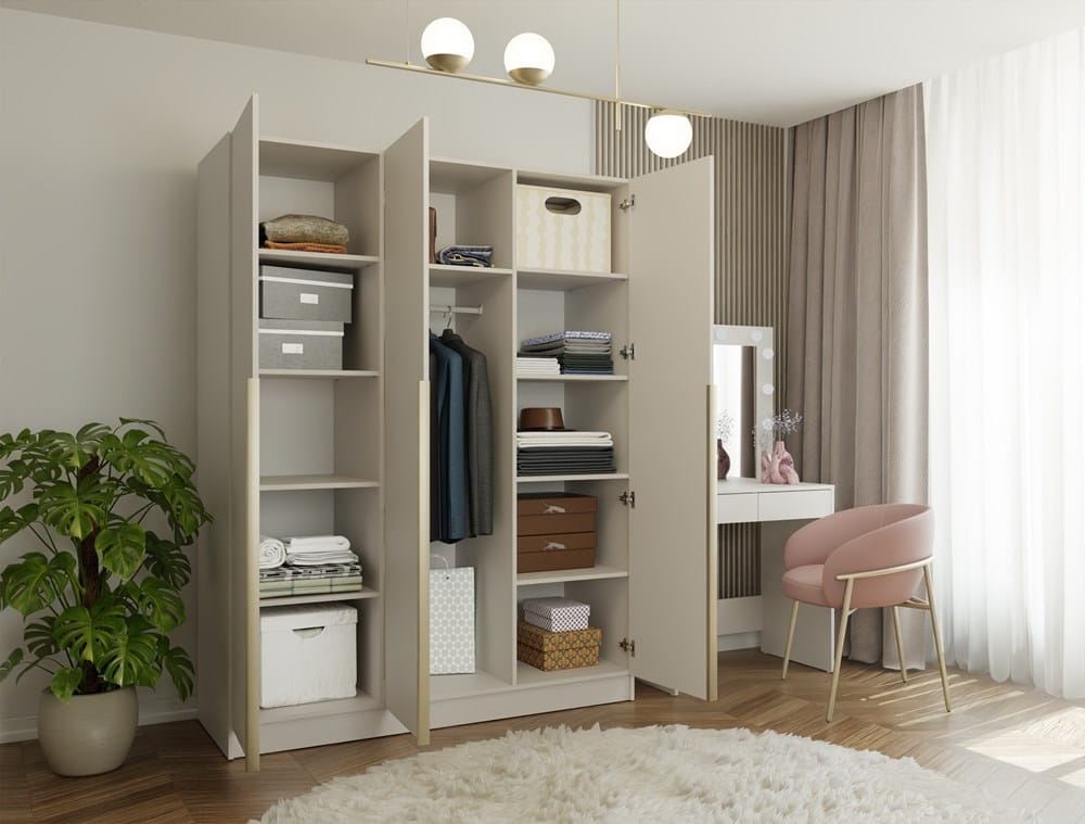 SZAFA SENSO 3D 150 CM 3 DRZWI ZŁOTE UCHWYTY DO SALONU SYPIALNI KASZMIR BEŻ
