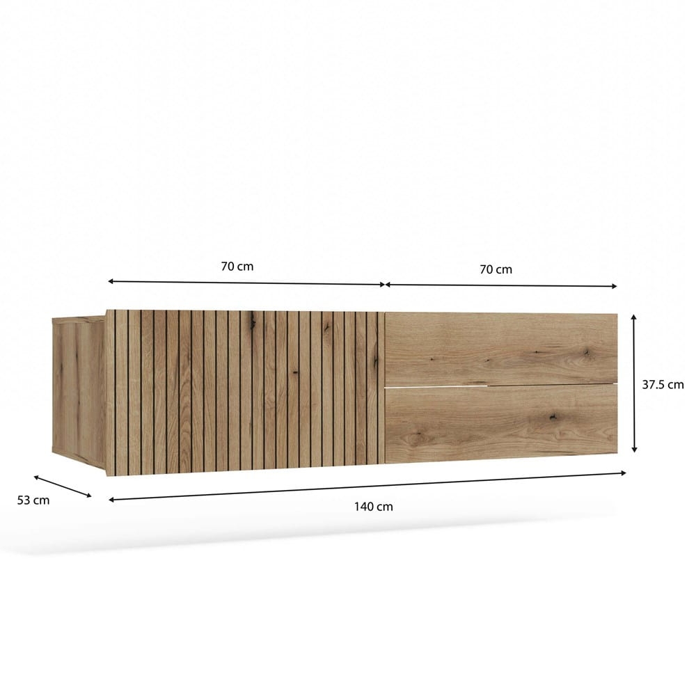 SZAFKA POD UMYWALKĘ TIGO 1D2S DĄB EVOKE 140 CM 2 SZUFLADY RYFLOWANY FRONT WISZĄCA