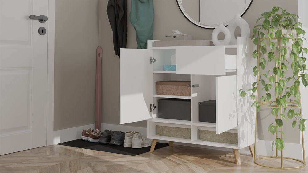 Komoda COLIN Szafka 2 Drzwi 1 Szuflada Z Nóżkami BIAŁY