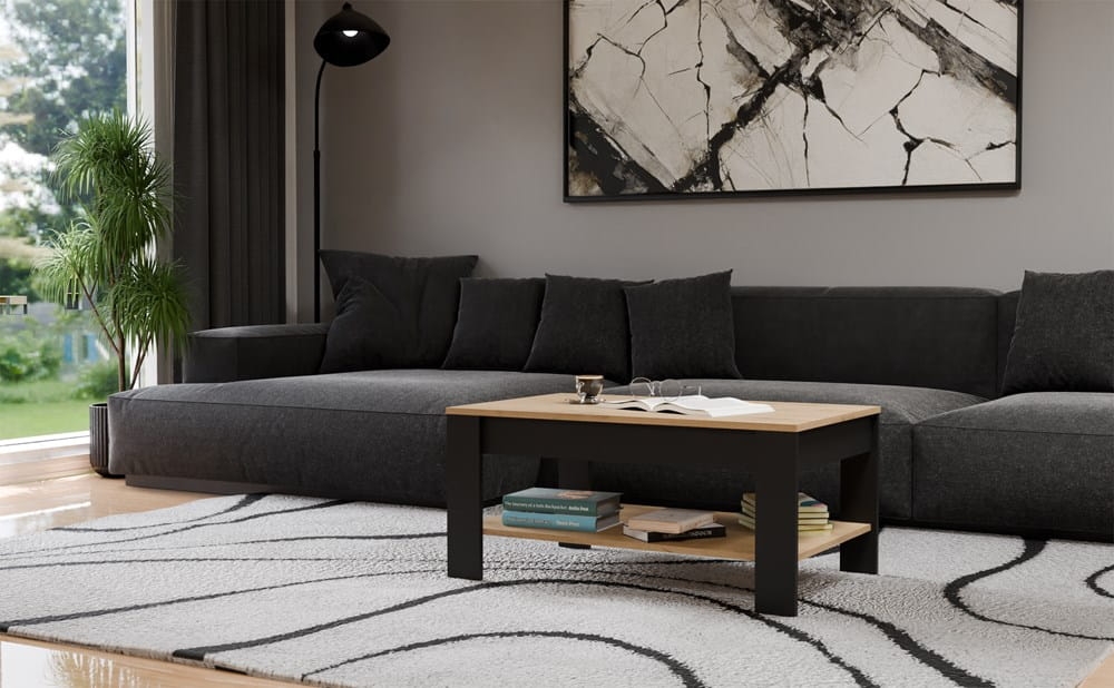 Stolik Kawowy OHIO DĄB ARTISAN CZARNY Ława Półki Do Salonu 93x58x43,5 Cm