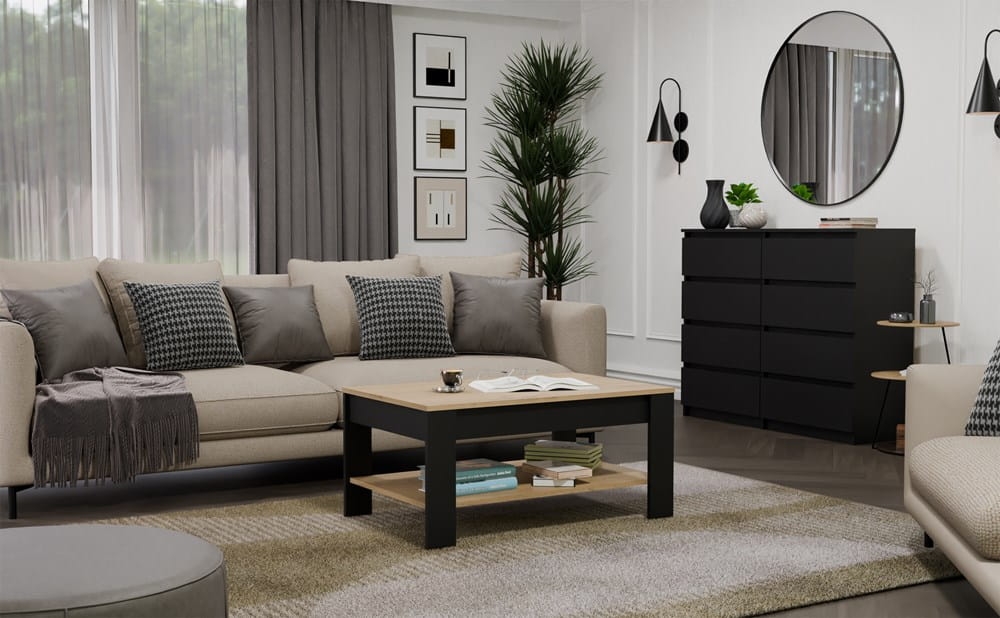 Stolik Kawowy OHIO DĄB ARTISAN CZARNY Ława Półki Do Salonu 93x58x43,5 Cm