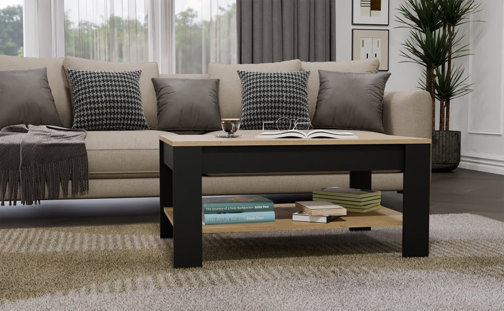 Stolik Kawowy OHIO DĄB ARTISAN CZARNY Ława Półki Do Salonu 93x58x43,5 Cm