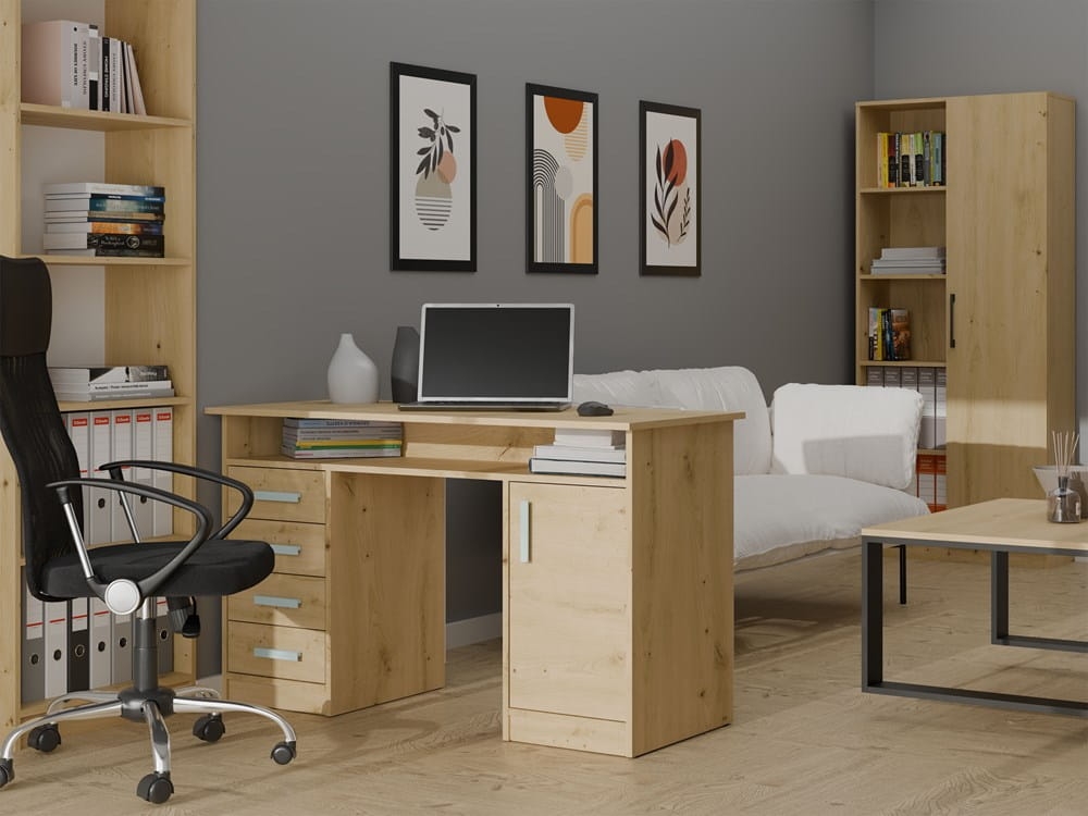 BIURKO ADA DĄB ARTISAN 125 Cm 4 Szuflady Szafka Półki Do Biura Pokoju Na Laptop