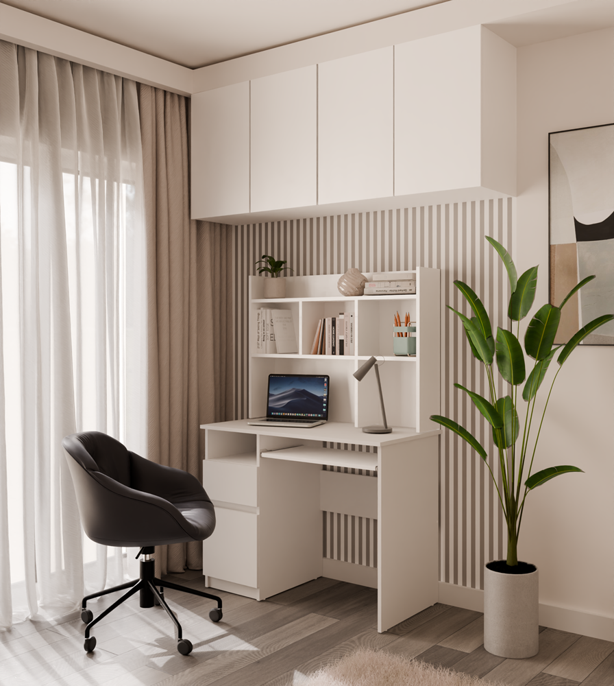 Biurko PORTO Lewe Z Nadstawką Biel Mat Szuflada Półki Do Biura Pokoju