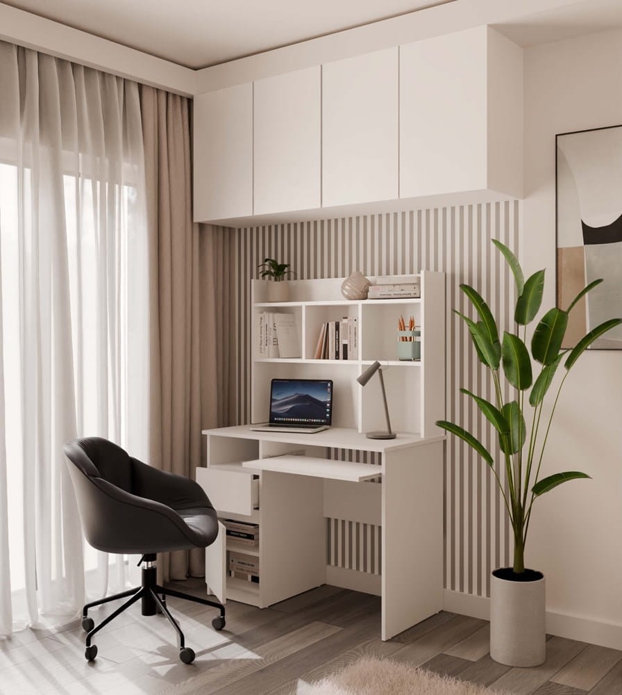 Biurko PORTO Lewe Z Nadstawką Biel Mat Szuflada Półki Do Biura Pokoju