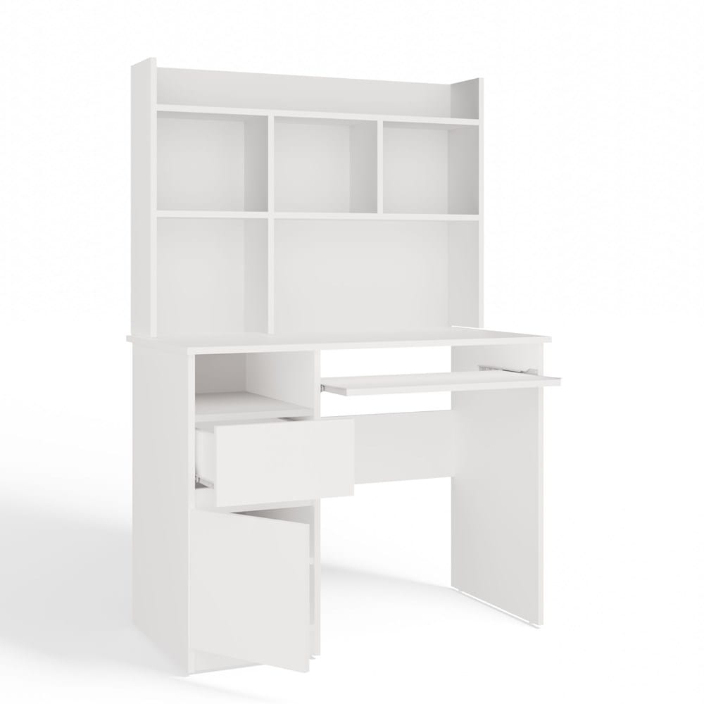 Biurko PORTO Lewe Z Nadstawką Biel Mat Szuflada Półki Do Biura Pokoju