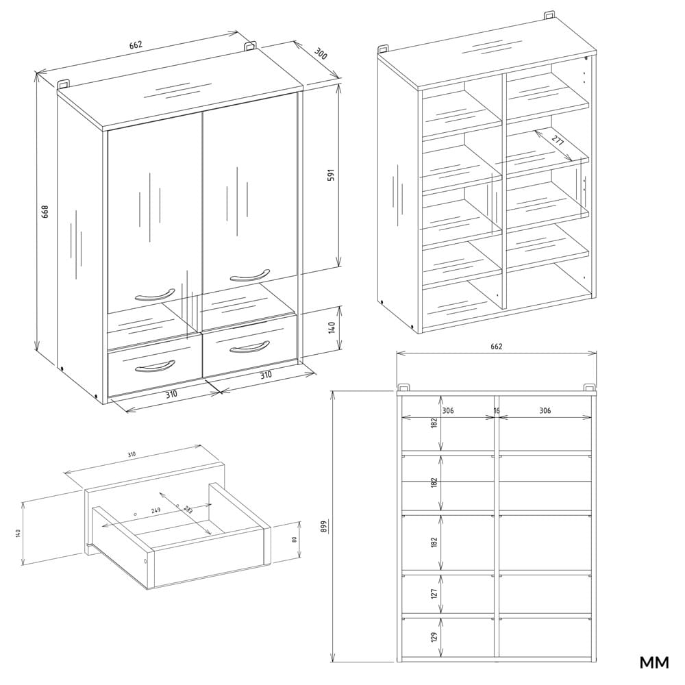 Szafka Łazienkowa Wisząca NINA W2D2P2S BIAŁY Regał 2 Drzwi 8 Półek 2 Szuflady