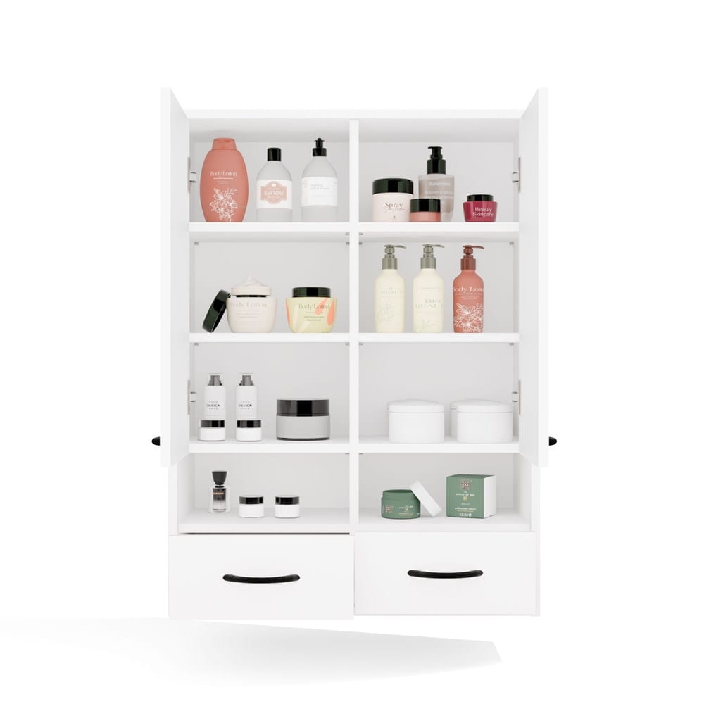 Szafka Łazienkowa Wisząca NINA W2D2P2S BIAŁY Regał 2 Drzwi 8 Półek 2 Szuflady