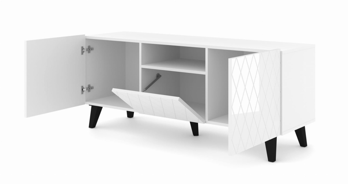 Szafka RTV DIUNA 3D 145 cm frezowane fronty MDF, biały wysoki połysk