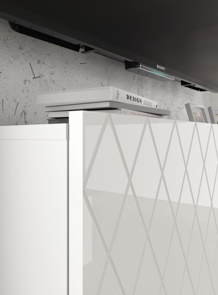 Szafka RTV DIUNA 3D 145 cm frezowane fronty MDF, biały wysoki połysk