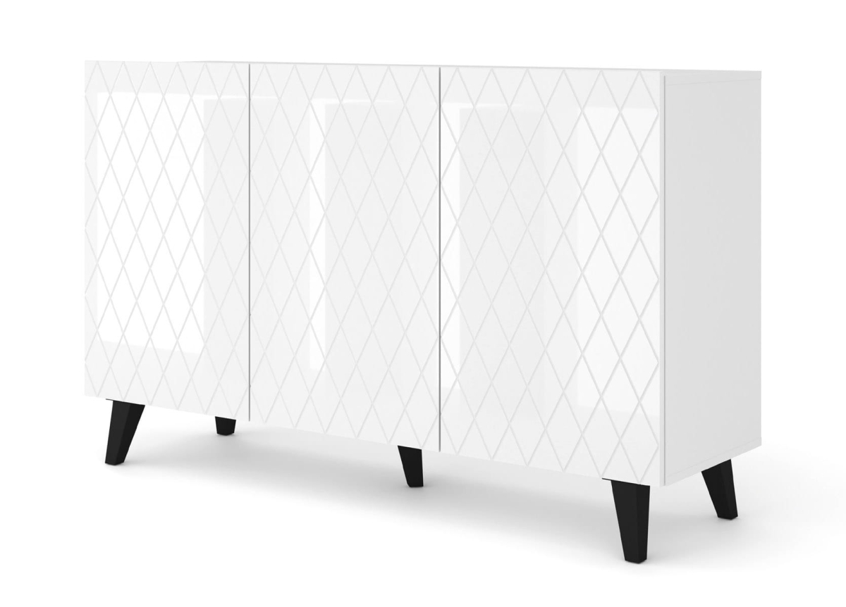 Komoda DIUNA 3D 145 frezowane fronty MDF, biały wysoki połysk