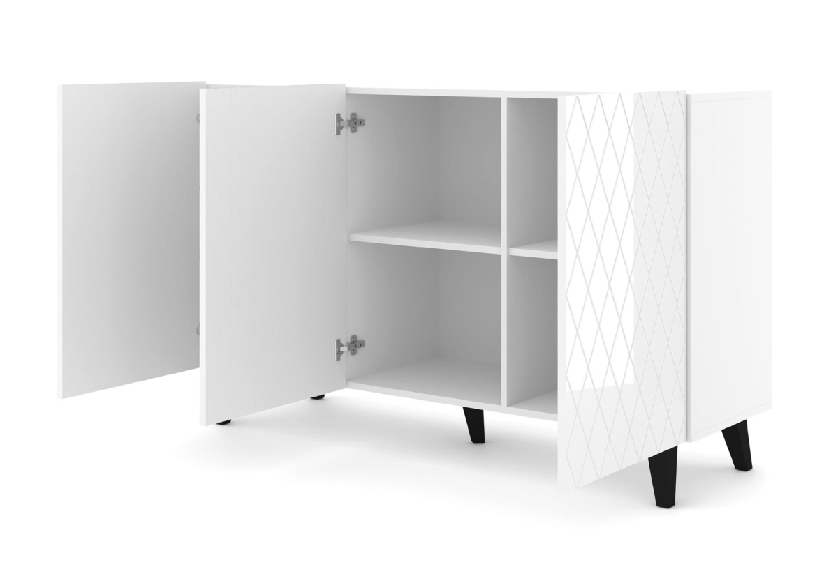 Komoda DIUNA 3D 145 frezowane fronty MDF, biały wysoki połysk