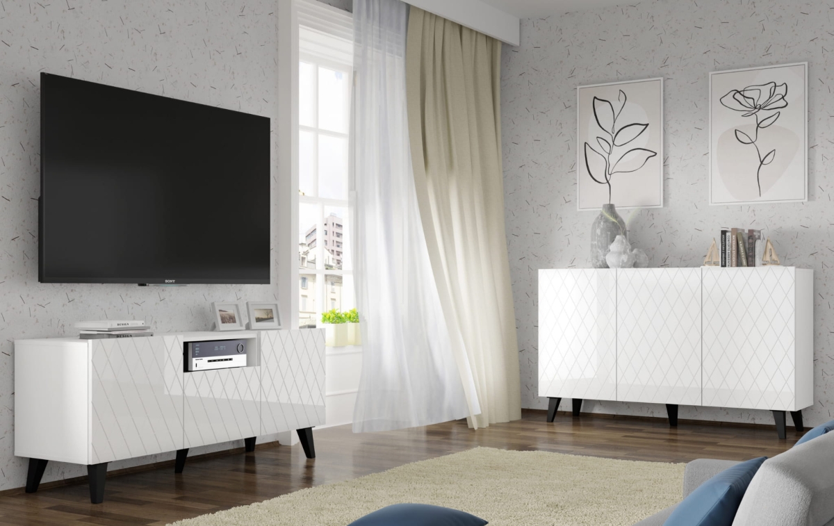 Komoda DIUNA 3D 145 frezowane fronty MDF, biały wysoki połysk