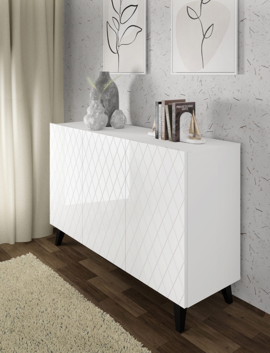 Komoda DIUNA 3D 145 frezowane fronty MDF, biały wysoki połysk