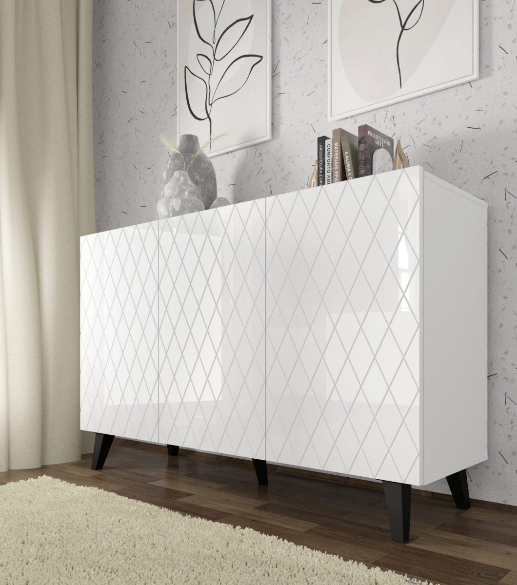 Komoda DIUNA 3D 145 frezowane fronty MDF, biały wysoki połysk