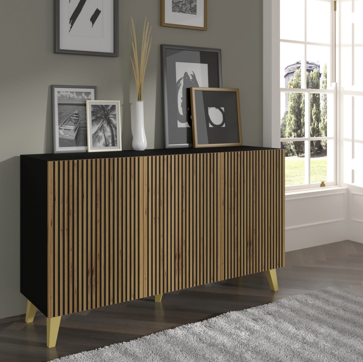 Ravenna P Komoda 150 3D malowana czarny dąb artisan, złote nogi