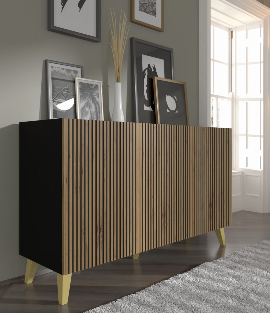 Ravenna P Komoda 150 3D malowana czarny dąb artisan, złote nogi