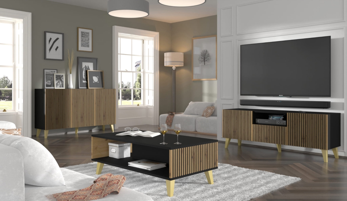 Ravenna P Komoda 150 3D malowana czarny dąb artisan, złote nogi