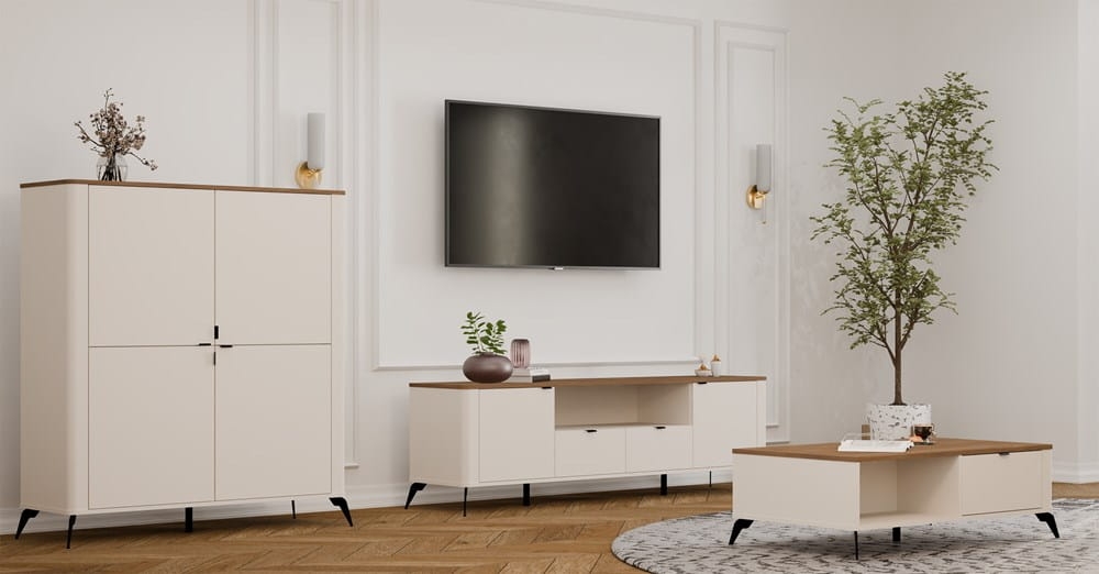 Komoda CORDOBA 4D Kaszmir Beż Dąb Castello Szafka 4 Drzwi 8 Półek Salon