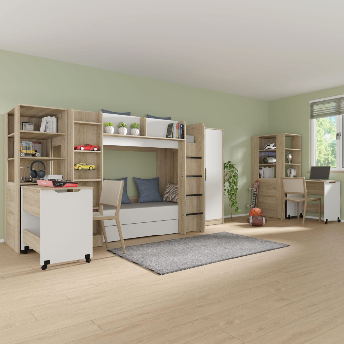 Fuji P - łózko piętrowe [PK] Dąb sonoma / biały mat