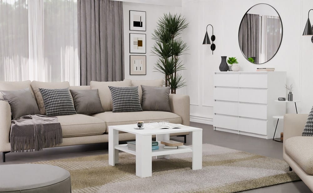 Stolik Kawowy Z Półką Pod Blatem SQUARE BIAŁY Ława Do Salonu Pokoju