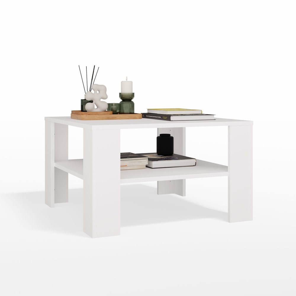 Stolik Kawowy Z Półką Pod Blatem SQUARE BIAŁY Ława Do Salonu Pokoju