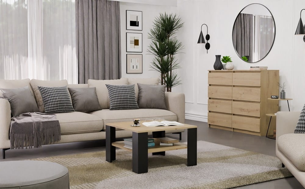 Stolik Kawowy Z Półką Pod Blatem SQUARE DĄB ARTISAN CZARNY Ława Do Salonu Pokoju