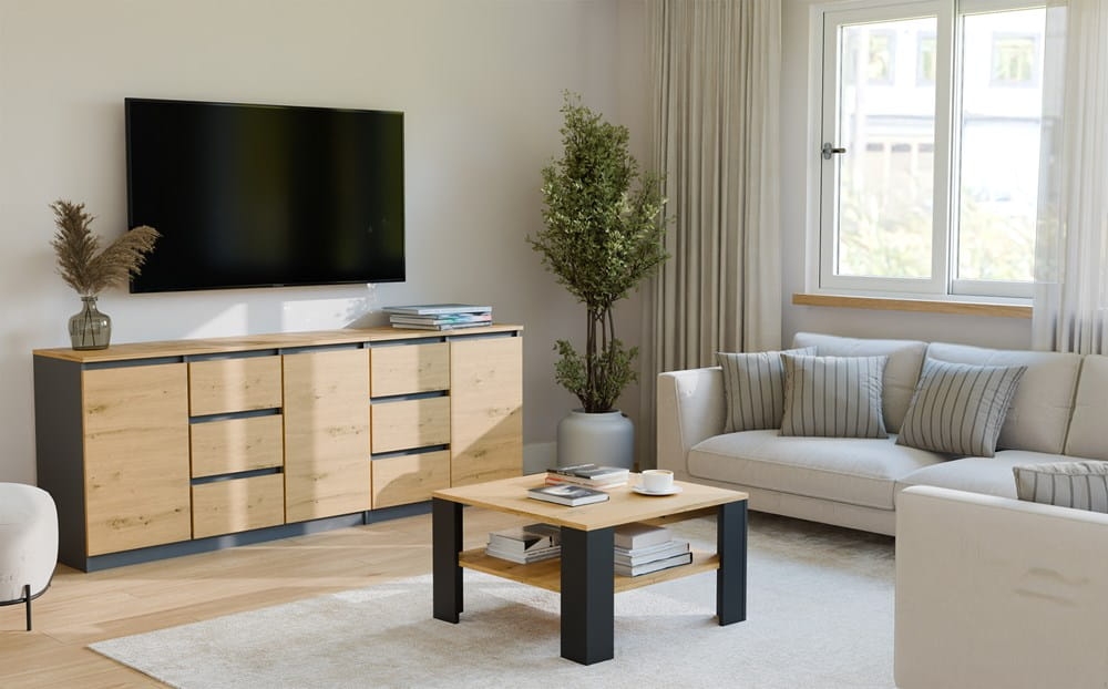 Stolik Kawowy Z Półką Pod Blatem SQUARE DĄB ARTISAN CZARNY Ława Do Salonu Pokoju