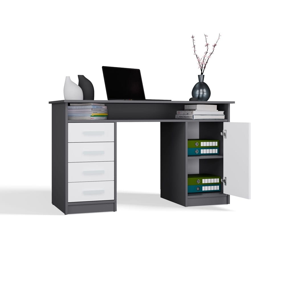 BIURKO ADA ANTRACYT BIAŁY 125 Cm 4 Szuflady Szafka Półki Do Biura Pokoju Na Laptop