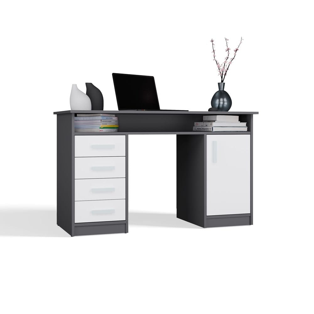 BIURKO ADA ANTRACYT BIAŁY 125 Cm 4 Szuflady Szafka Półki Do Biura Pokoju Na Laptop