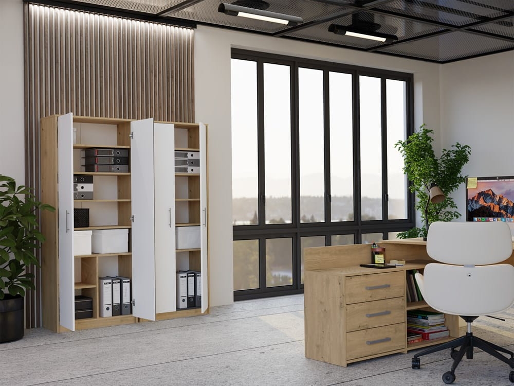 Regał Biurowy OLIV 2D 2 Drzwi Do Biura Do Gabinetu Salonu DĄB ARTISAN BIEL