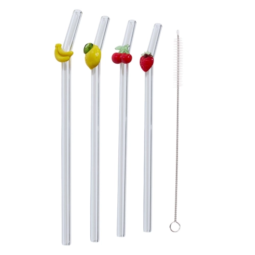 Zestaw 4 szklanych słomek Owoce ze szczoteczką do mycia