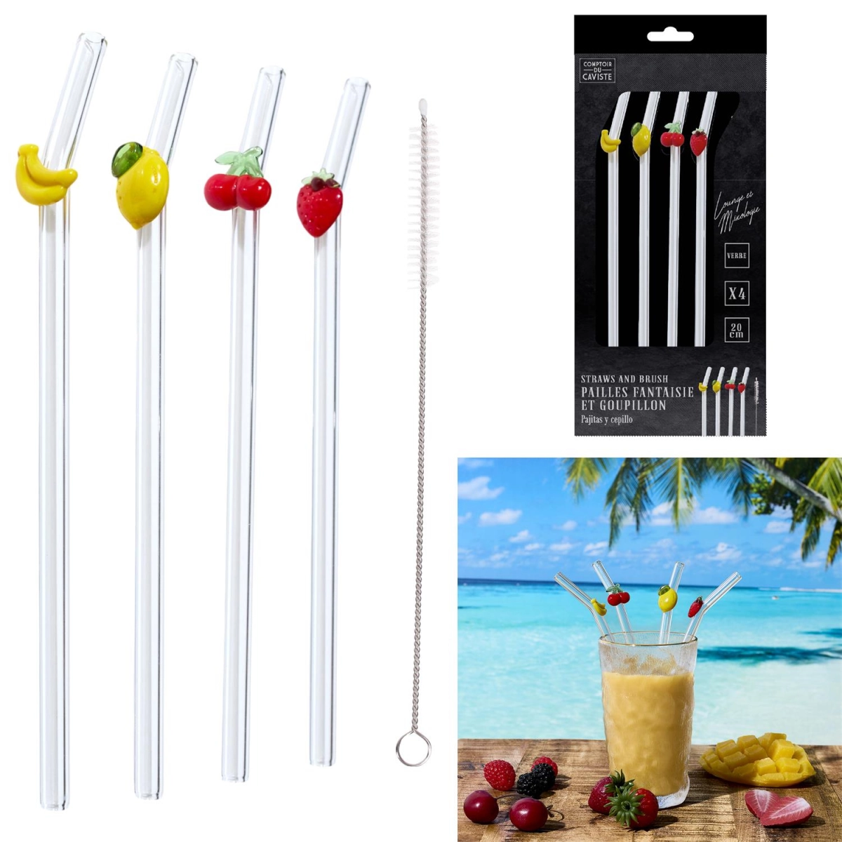 Zestaw 4 szklanych słomek Owoce ze