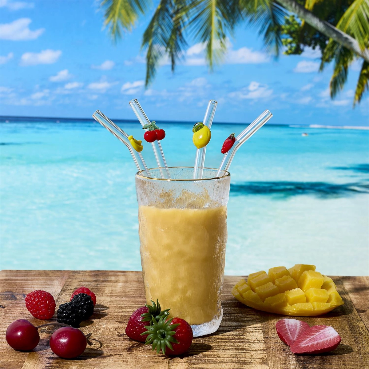 Zestaw 4 szklanych słomek Owoce ze