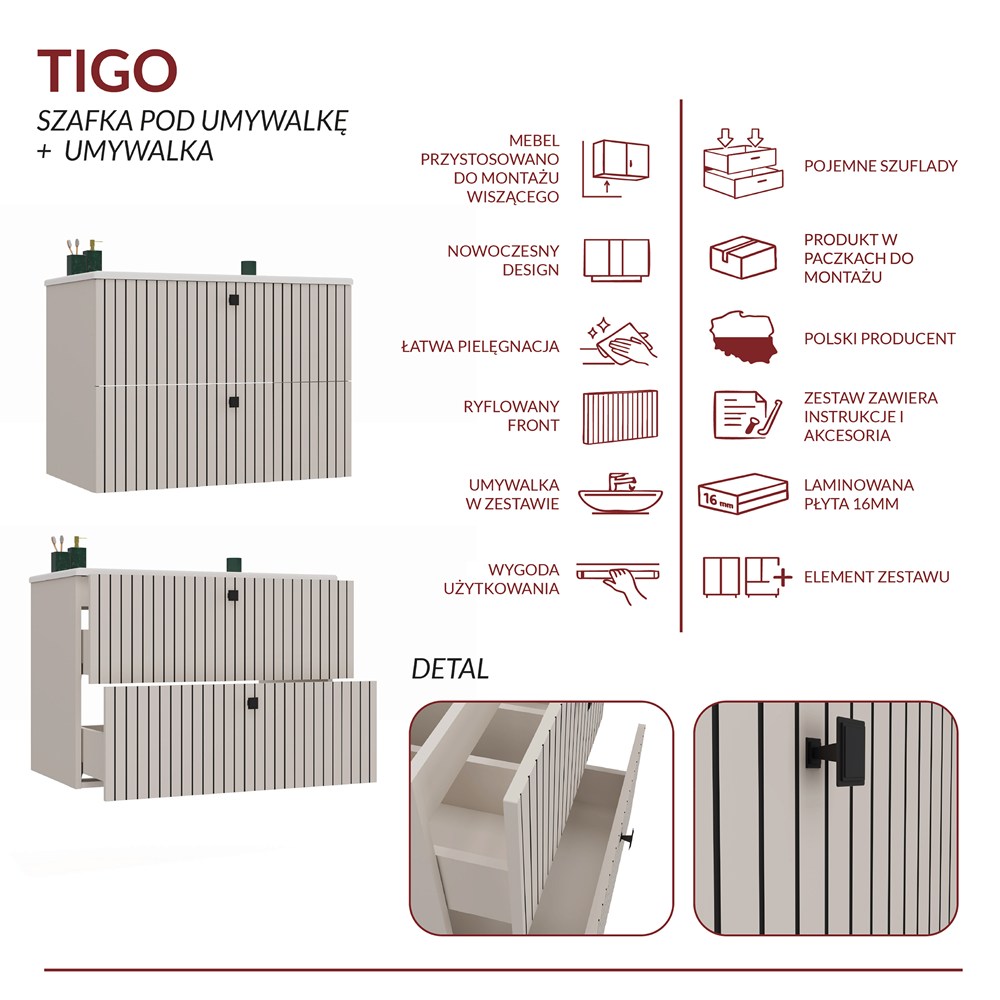 SZAFKA POD UMYWALKĘ TIGO 80 2S KASZMIR RYFLOWANY FRONT + UMYWALKA