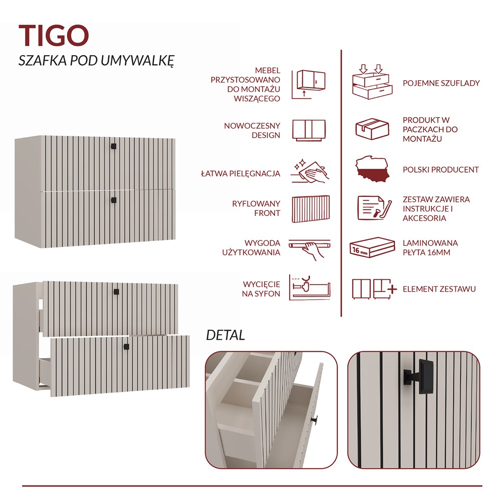 SZAFKA POD UMYWALKĘ TIGO 80 2S KASZMIR 2 SZUFLADY RYFLOWANY FRONT WISZĄCA