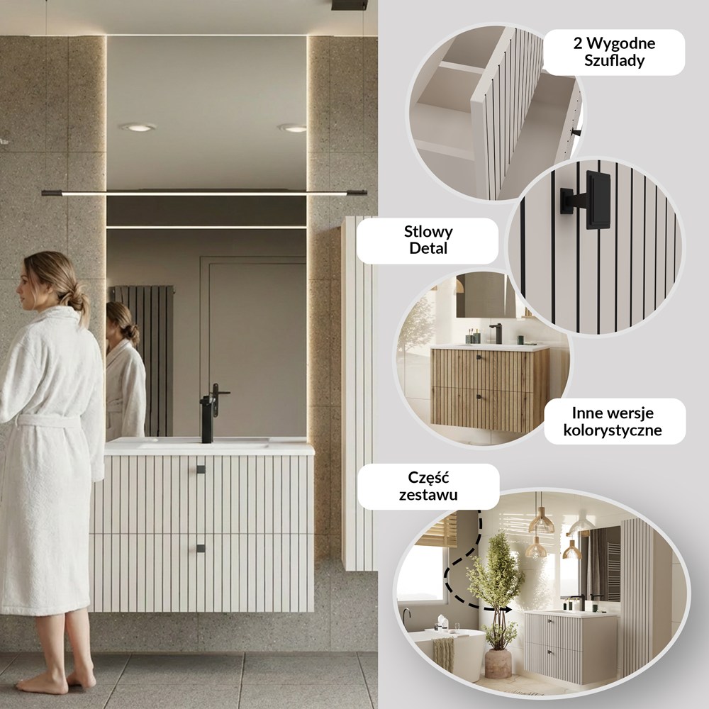 SZAFKA POD UMYWALKĘ TIGO 80 2S KASZMIR 2 SZUFLADY RYFLOWANY FRONT WISZĄCA