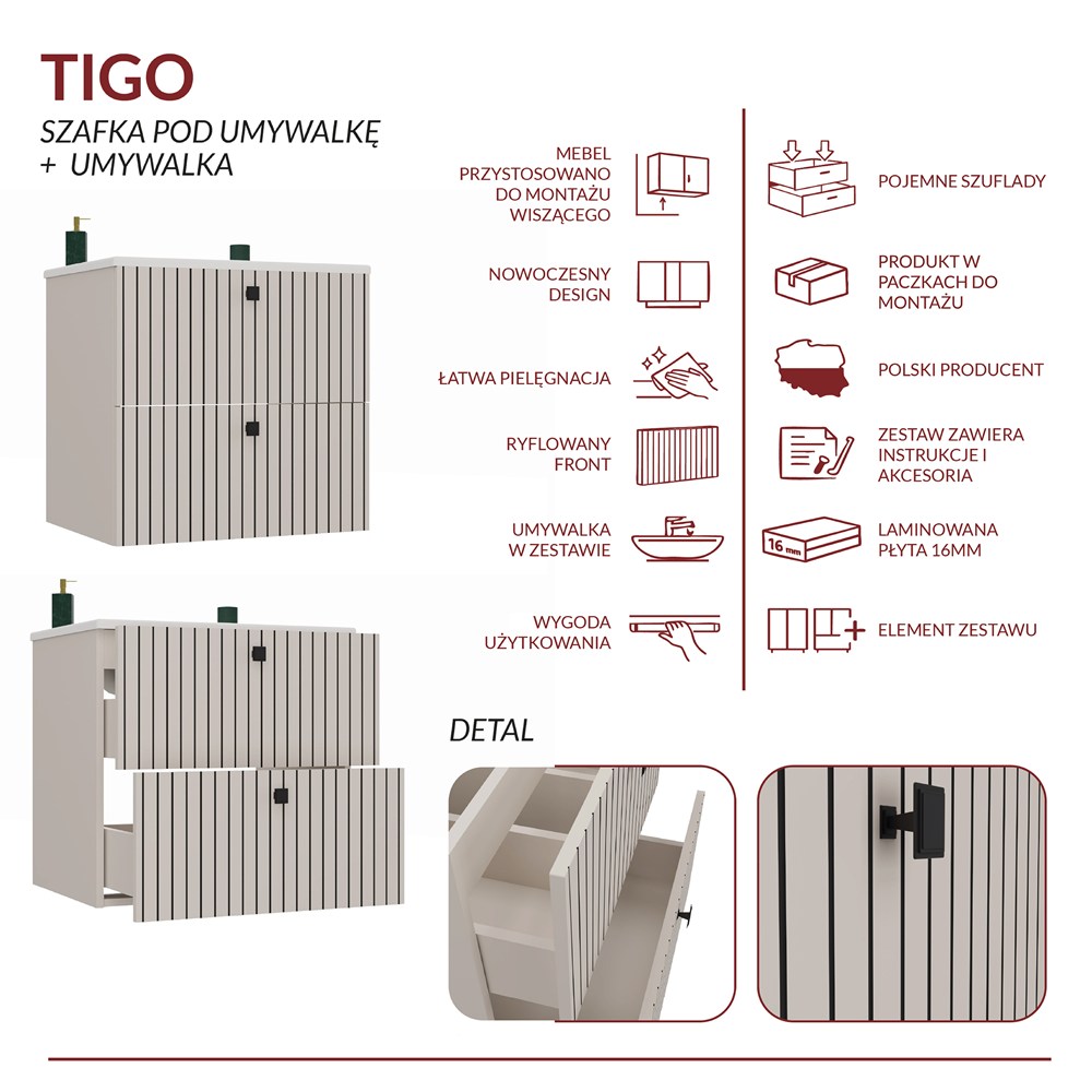 SZAFKA POD UMYWALKĘ TIGO 60 2S KASZMIR RYFLOWANY FRONT + UMYWALKA