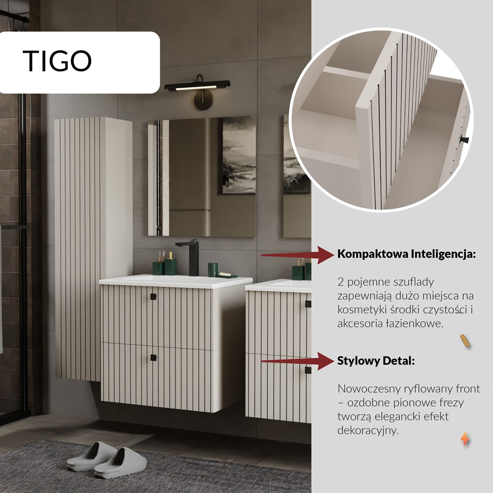 SZAFKA POD UMYWALKĘ TIGO 60 2S KASZMIR RYFLOWANY FRONT + UMYWALKA