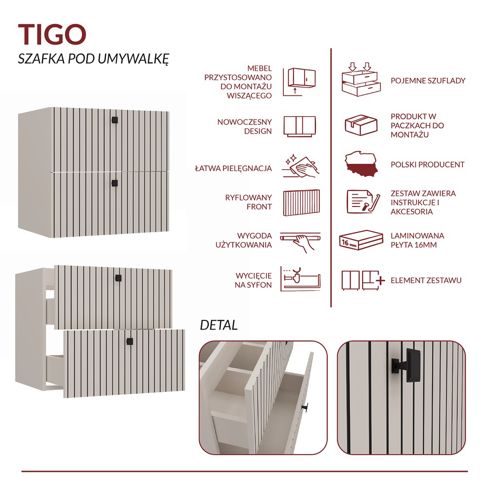 SZAFKA POD UMYWALKĘ TIGO 60 2S KASZMIR 2 SZUFLADY RYFLOWANY FRONT WISZĄCA