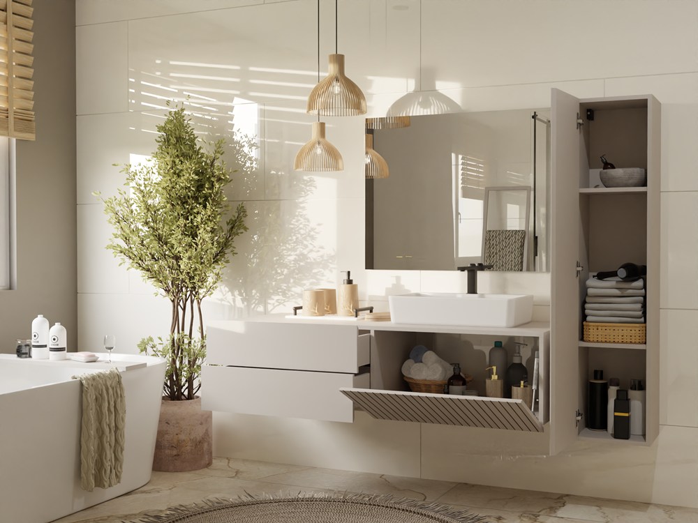 SZAFKA POD UMYWALKĘ TIGO 1D2S KASZMIR 140 CM 2 SZUFLADY RYFLOWANY FRONT WISZĄCA