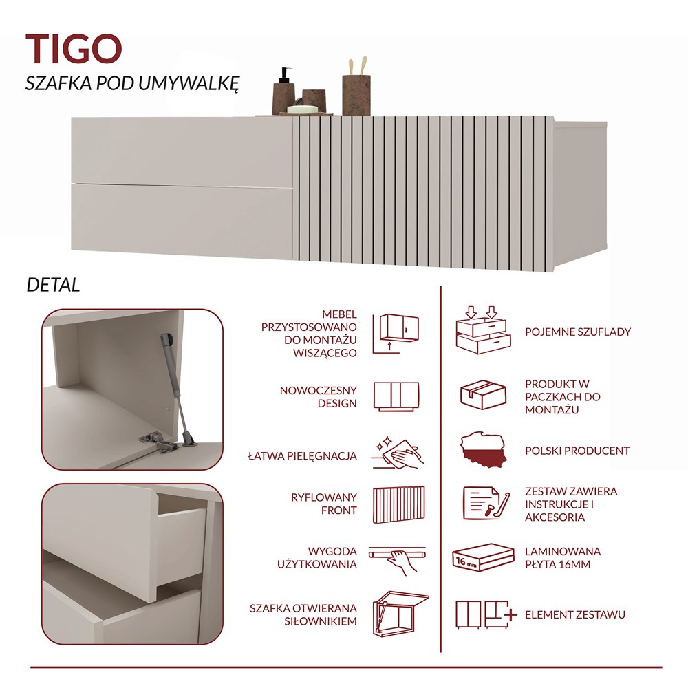SZAFKA POD UMYWALKĘ TIGO 1D2S KASZMIR 140 CM 2 SZUFLADY RYFLOWANY FRONT WISZĄCA