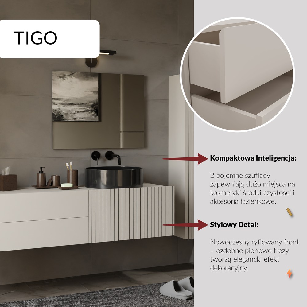 SZAFKA POD UMYWALKĘ TIGO 1D2S KASZMIR 140 CM 2 SZUFLADY RYFLOWANY FRONT WISZĄCA