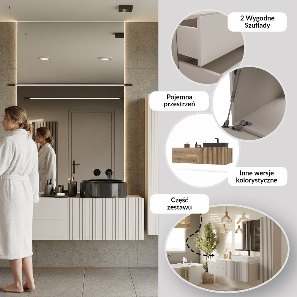 SZAFKA POD UMYWALKĘ TIGO 1D2S KASZMIR 140 CM 2 SZUFLADY RYFLOWANY FRONT WISZĄCA