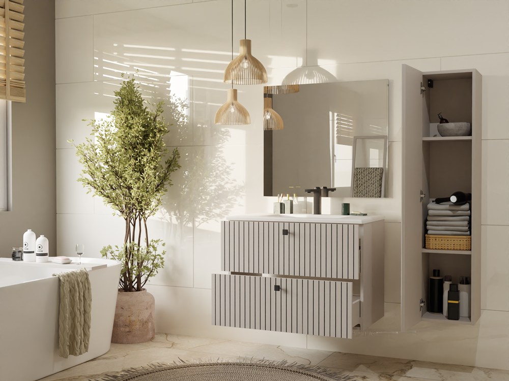 SZAFKA ŁAZIENKOWA WISZĄCA SŁUPEK REGAŁ TIGO 1D DĄB EVOKE RYFLOWANY FRONT