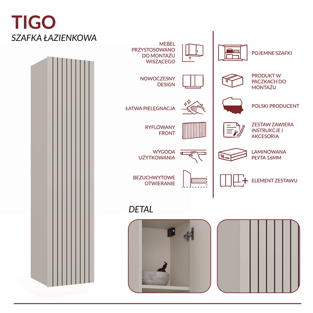 SZAFKA ŁAZIENKOWA WISZĄCA SŁUPEK REGAŁ TIGO 1D DĄB EVOKE RYFLOWANY FRONT