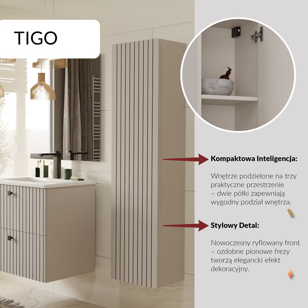 SZAFKA ŁAZIENKOWA WISZĄCA SŁUPEK REGAŁ TIGO 1D DĄB EVOKE RYFLOWANY FRONT