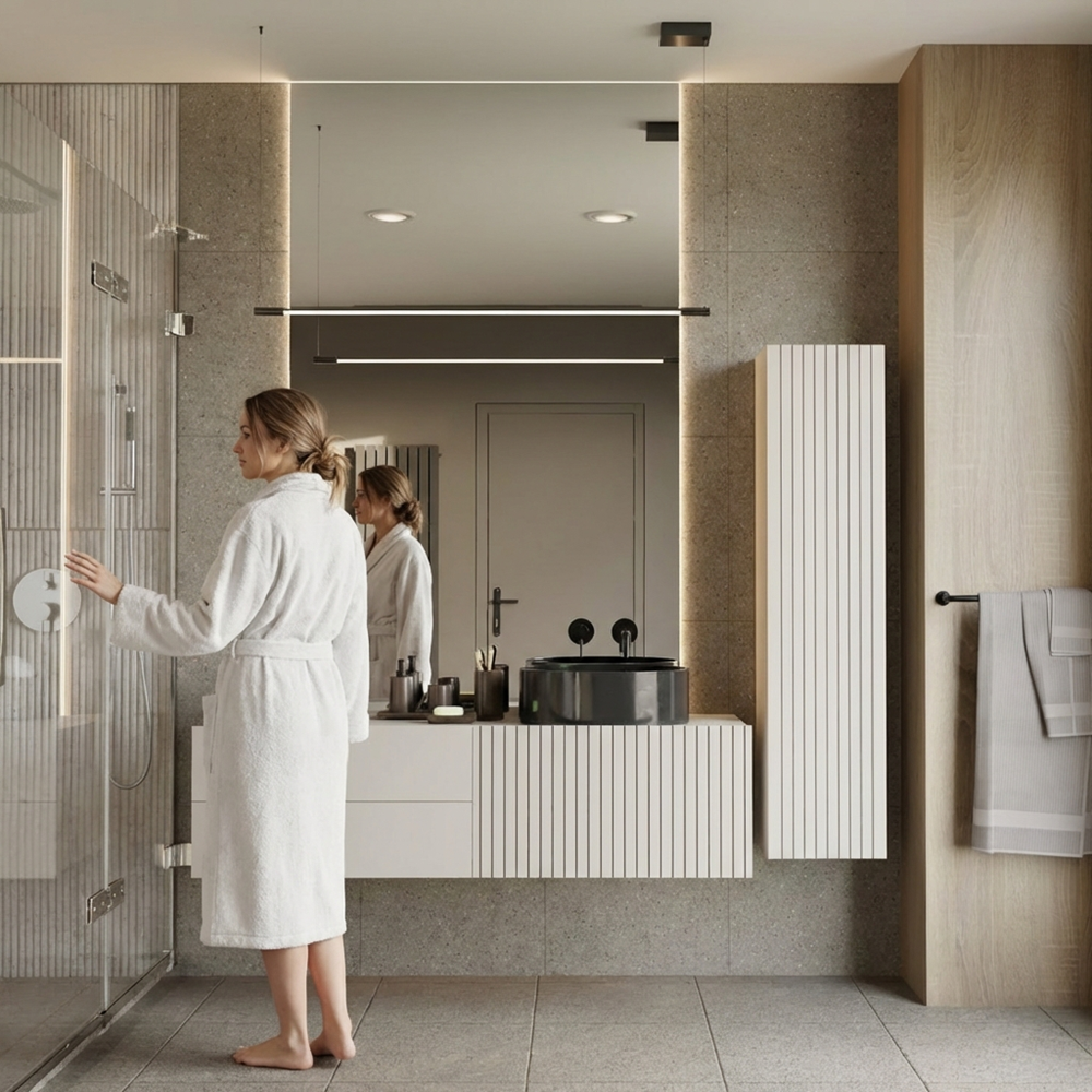 SZAFKA ŁAZIENKOWA WISZĄCA SŁUPEK REGAŁ TIGO 1D DĄB EVOKE RYFLOWANY FRONT